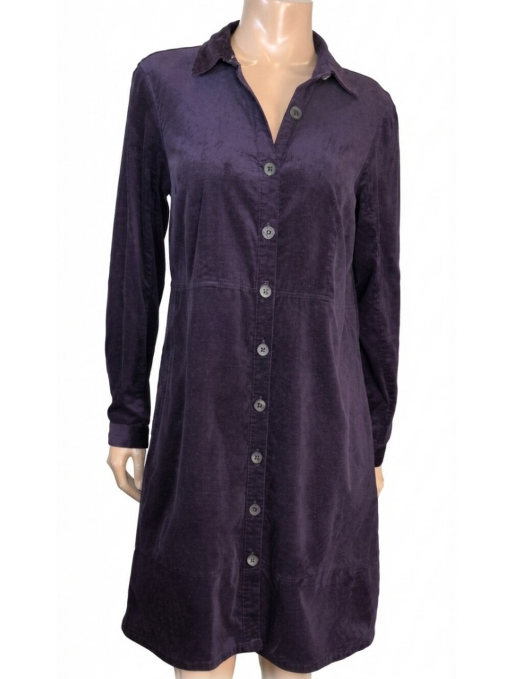 J Jill Velveteen Shirt Dress Purple Long Sleeve Button Front Size Small Midi